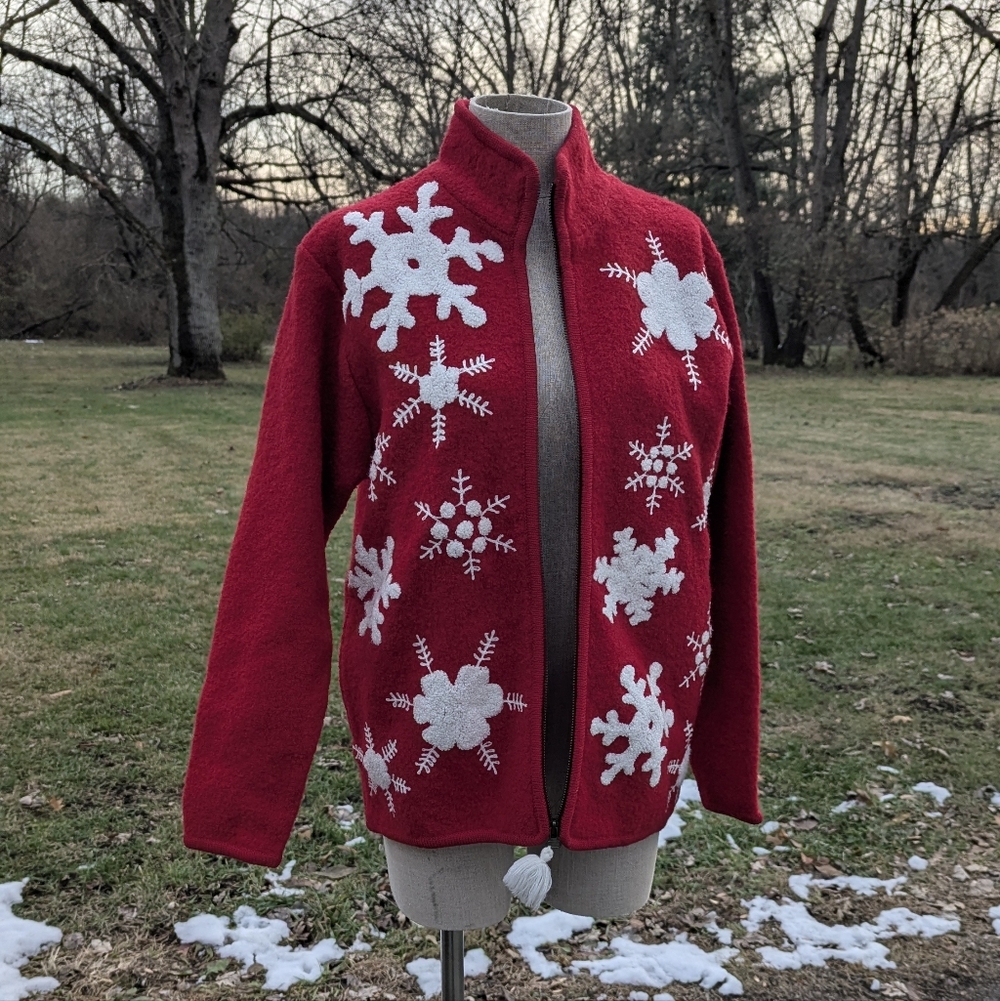 Vintage 90s Snowflake Boiled Wool Zip Up Sweater